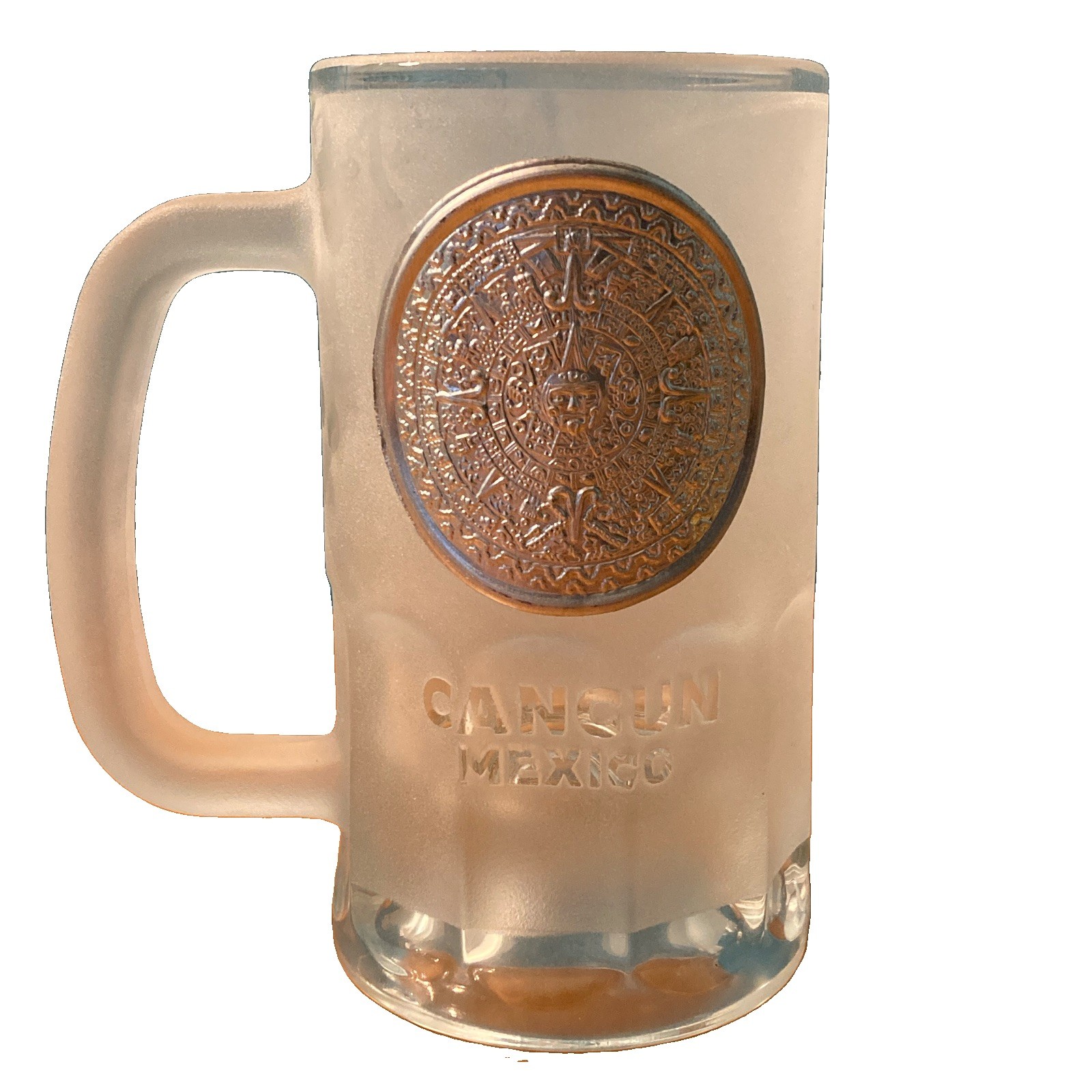 Frosted Glass 8 fl oz Beer Mug w/ Silver Aztec Calendar Medallion Cancun