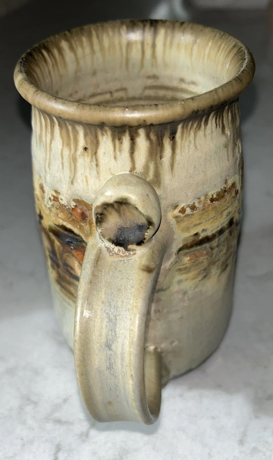 Hand Thrown Studio Pottery Drip Glazed Coffee Mug Stein Artist Signed 16 Oz.