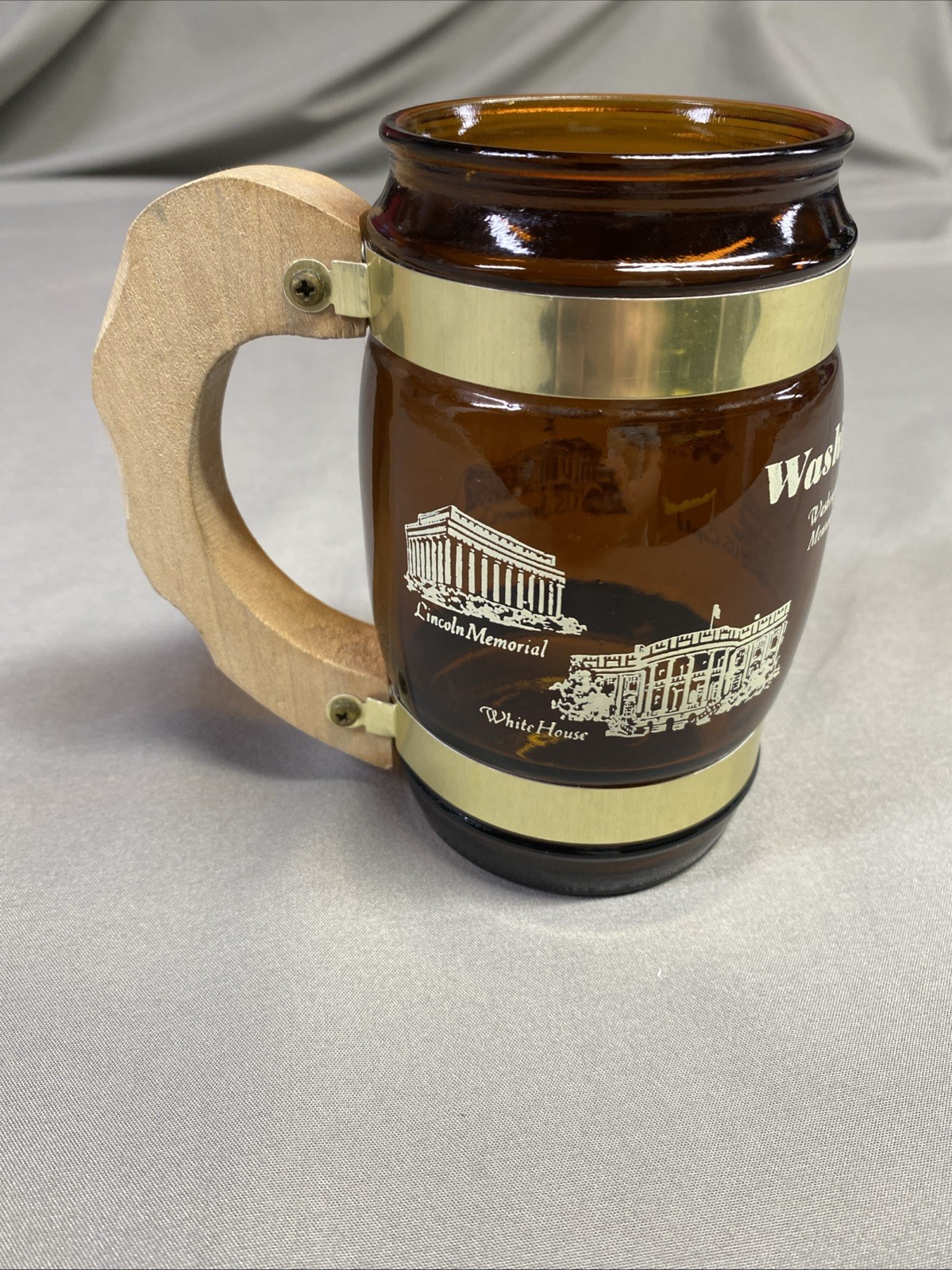 Vintage Siesta Ware Washington, D.C. Souvenir Mug Amber Glass Wooden Handle
