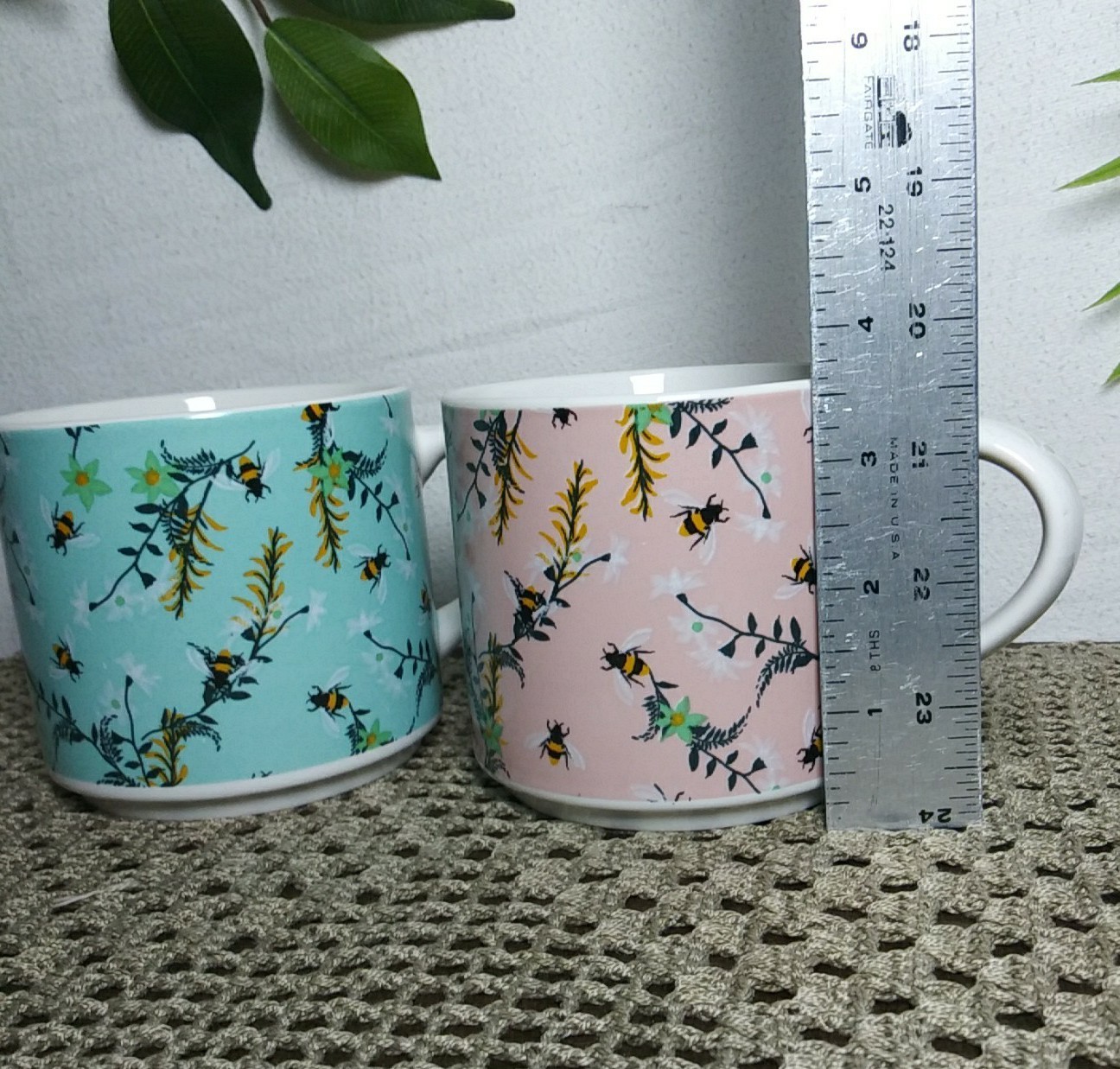 Coco + Lola Mug Set Of 2 Coffee Cups Honey Bees Spring Flowers Pink Turquoise