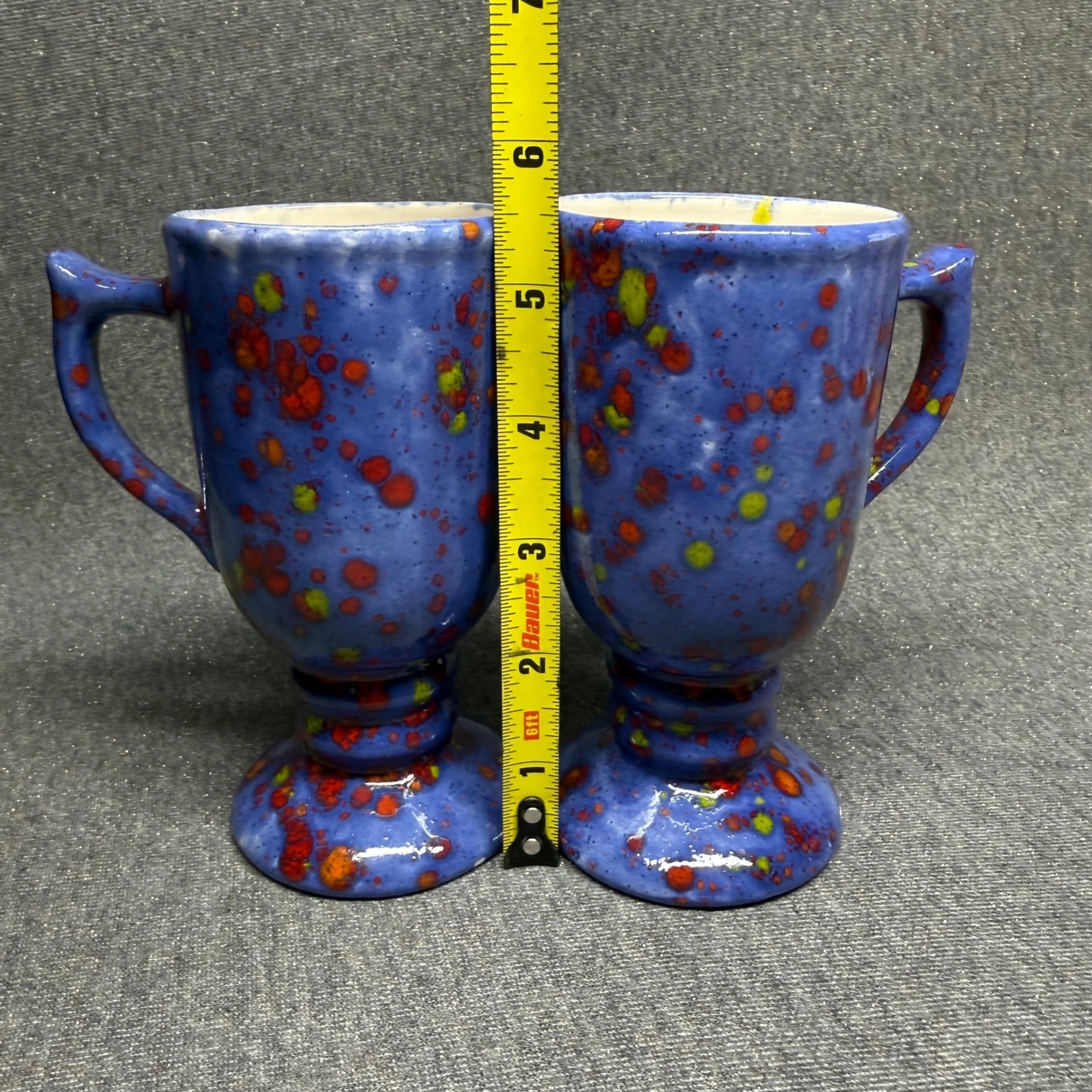 Vintage 1980 Studio Pottery Blue Splatter Glaze Footed Mugs Set 2 Retro 80s Boho