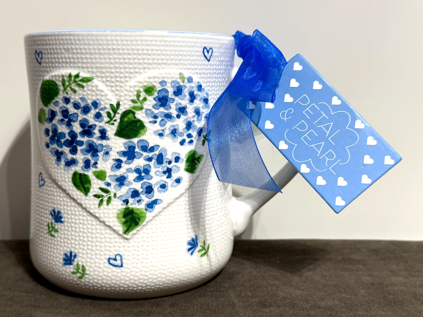 Petal & Pearl Blue Hydrangeas & Hearts Ceramic Mug with Dot Texture #675