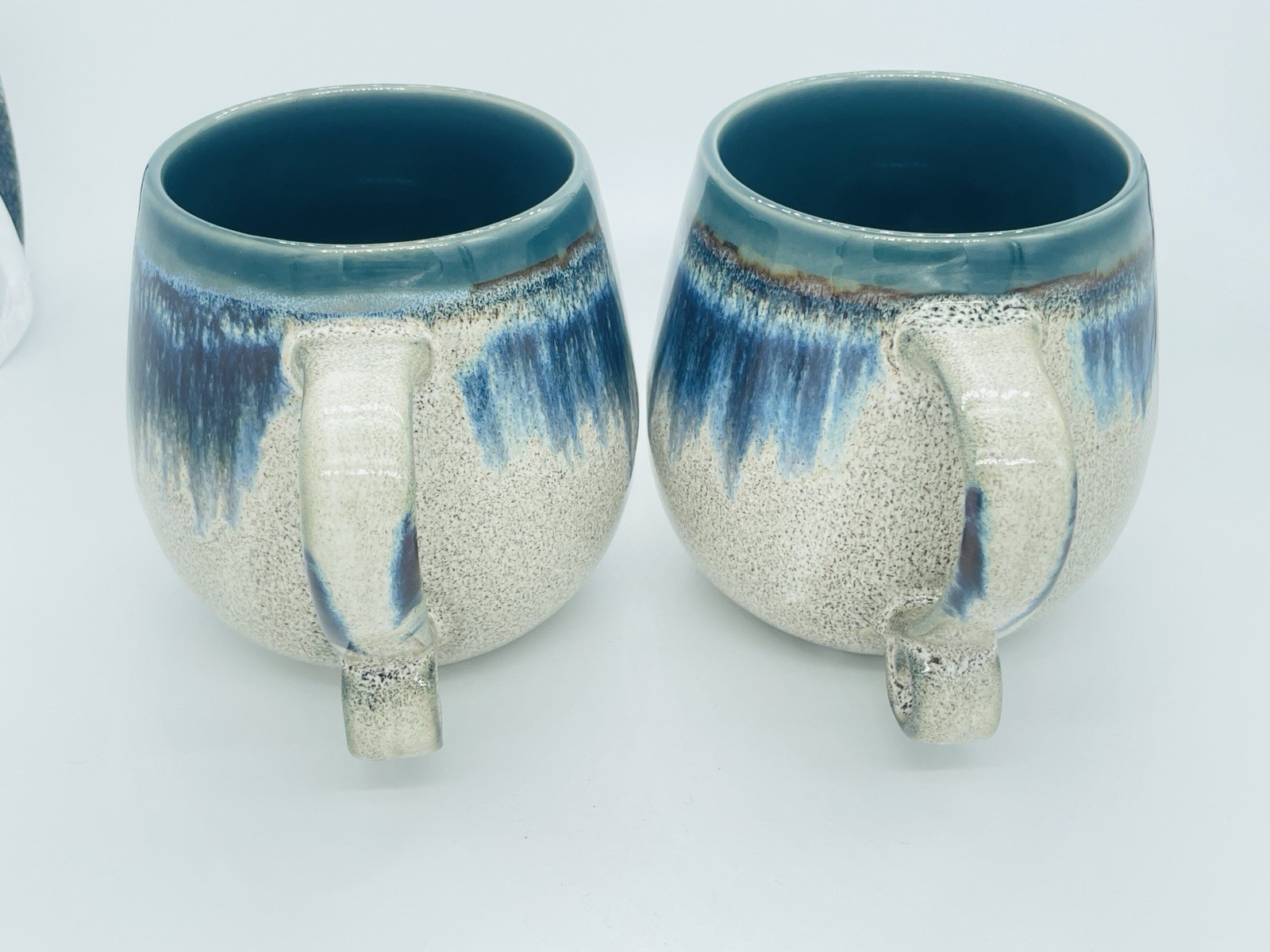 Drip Glaze Coffee Mugs 20 oz Blue Cream Speckled Stoneware Ceramic Cup Set of 2