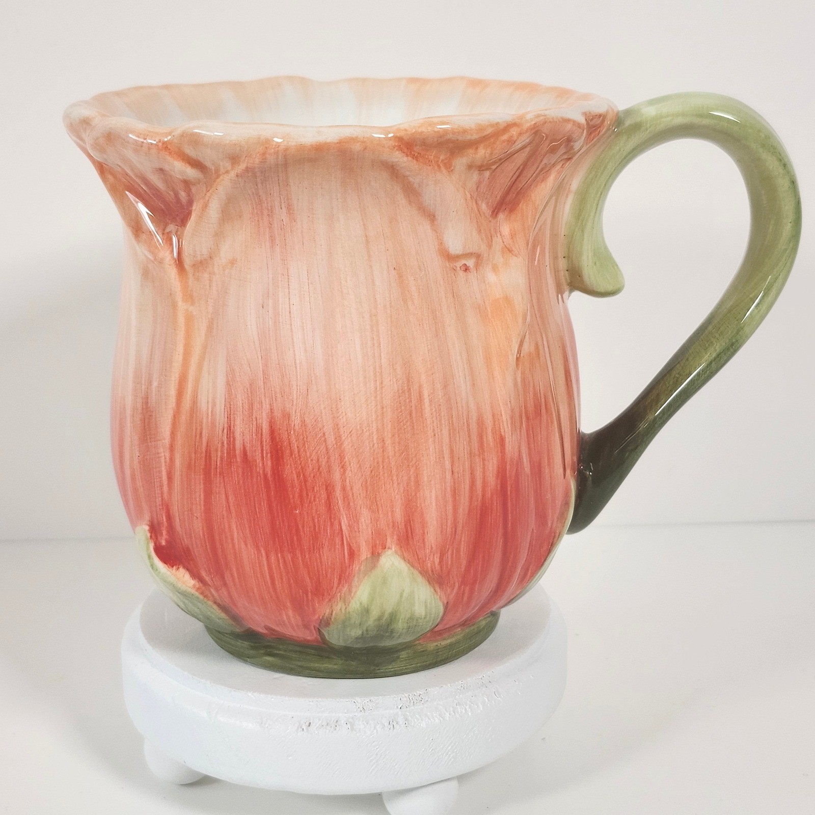 Pier 1 Imports Tulip Flower Mug Pink Coral Ceramic Earthenware Sculptural 16oz