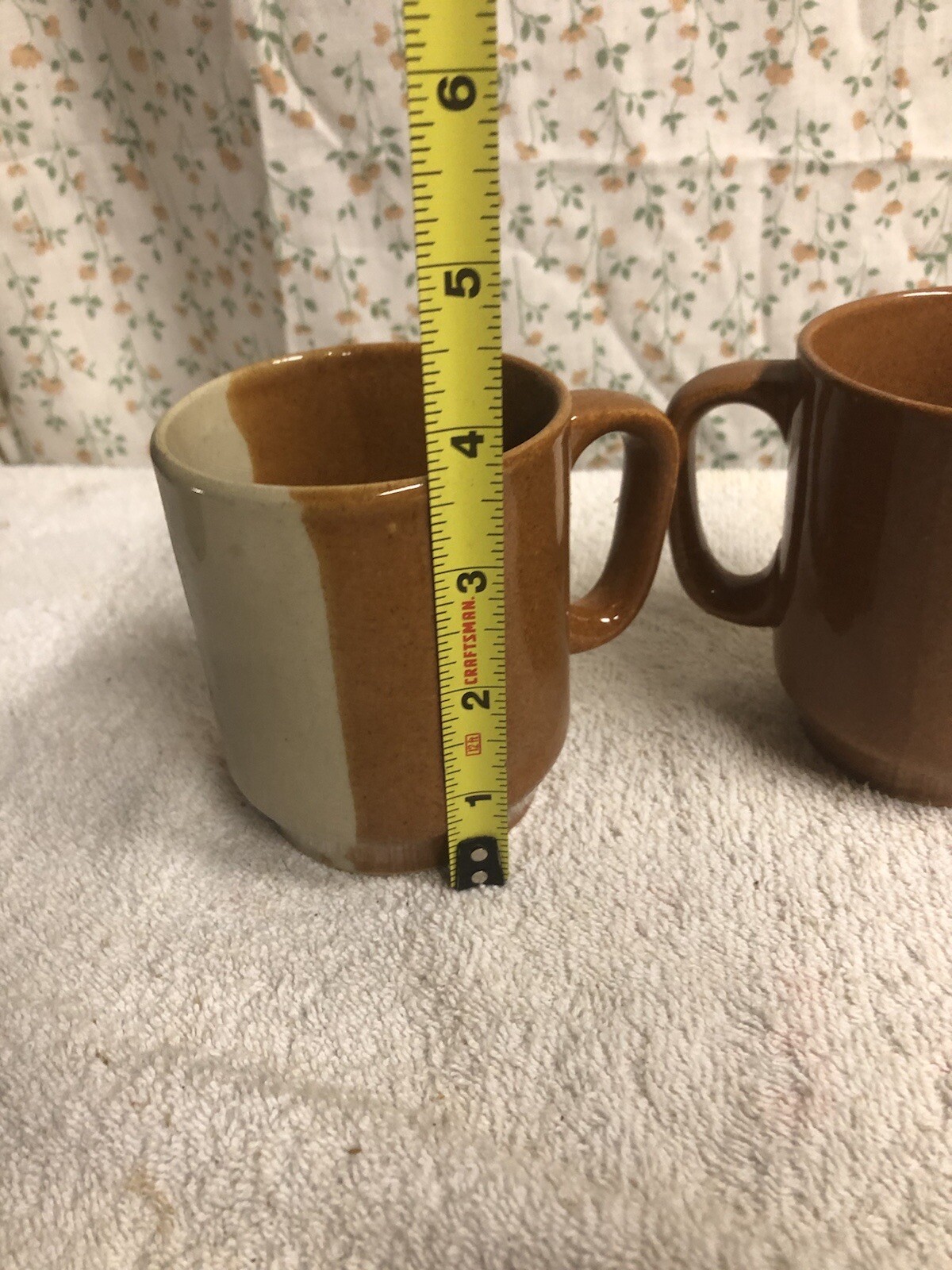 Pair Of Vertical Stripe Brown Tan MCM Coffee Cups Mugs Mid Century Modern READ