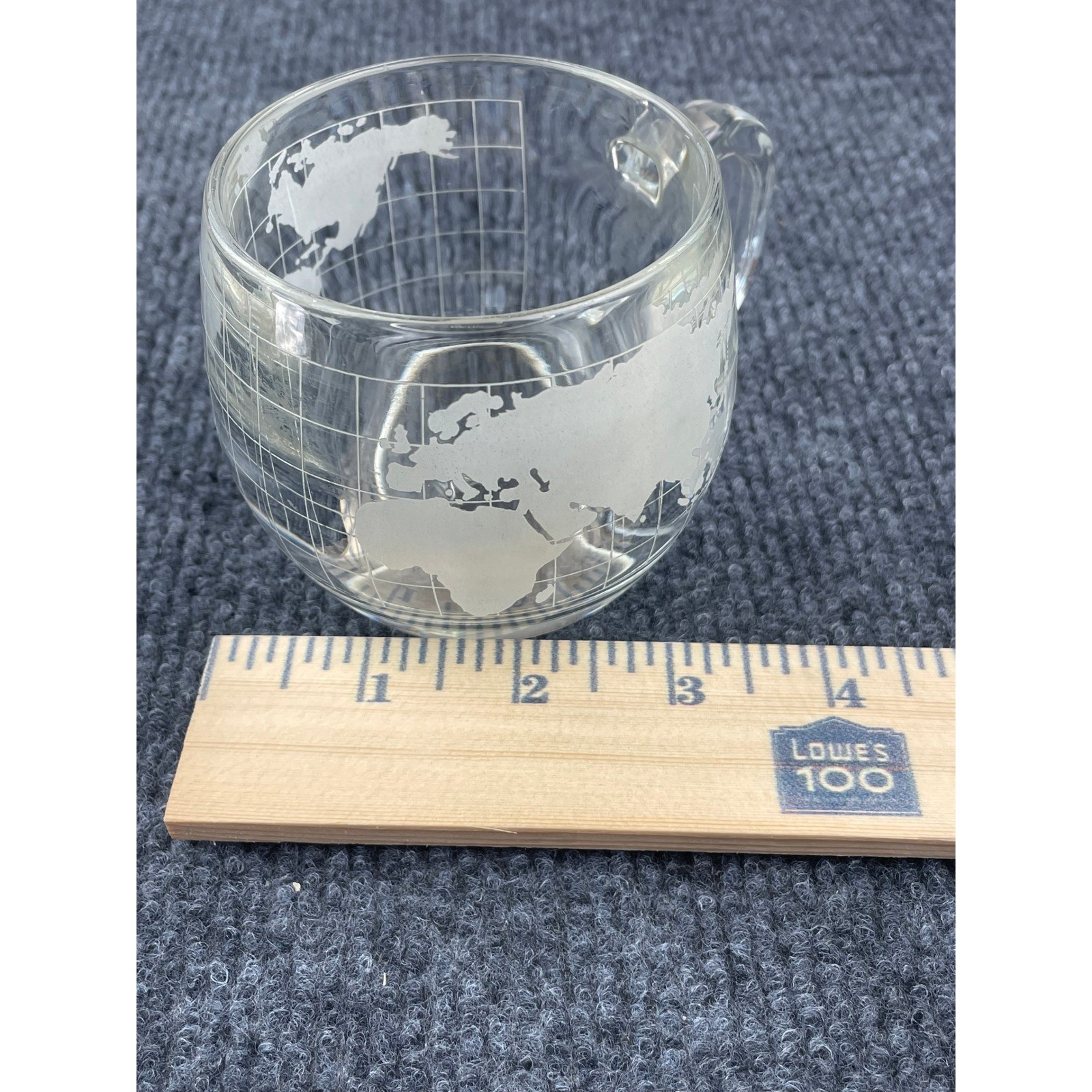 Vintage Nestle Clear Glass World Map Globe Etched Coffee Mug Cup Frosted Design