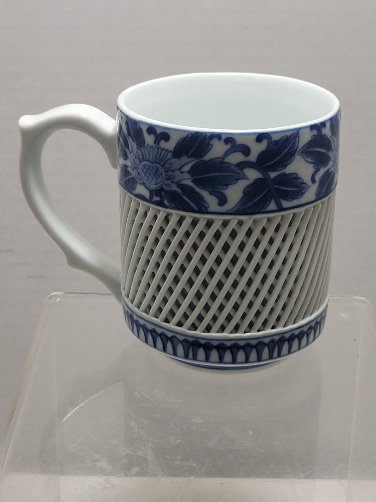 Vintage Arita Imari Japan Blue & White Floral Motif Tea Mug Lattice Reticulated