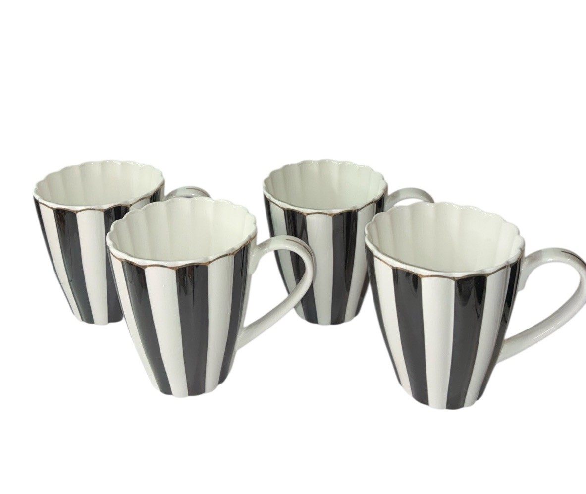 4 – Grace Teaware Black & White Scallop Josephine Gold Rim Porcelain Coffee Mug
