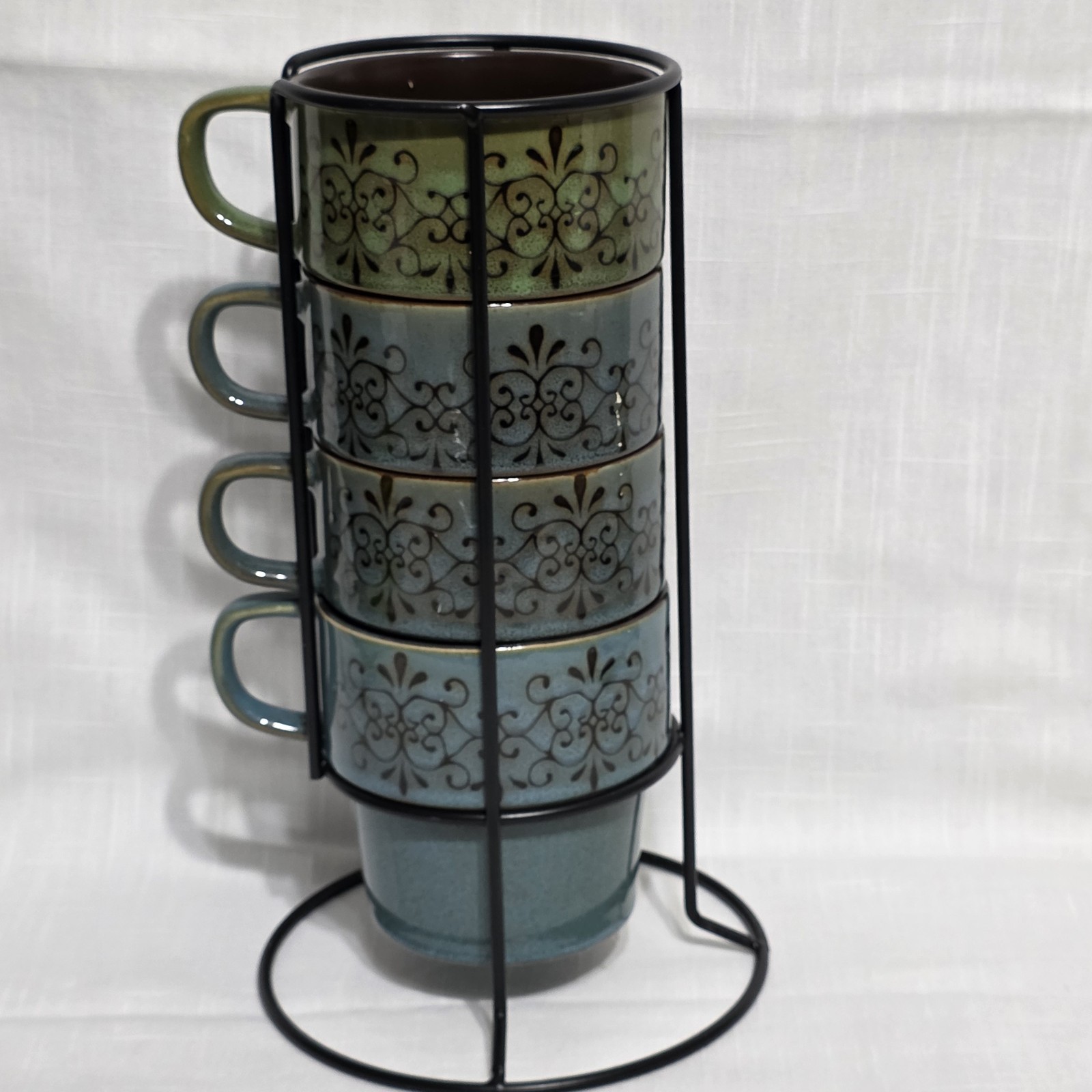 Stoneware Coffee Mug Set of 4 w/ Metal Rack Blue Green Scroll Pattern Pier 1