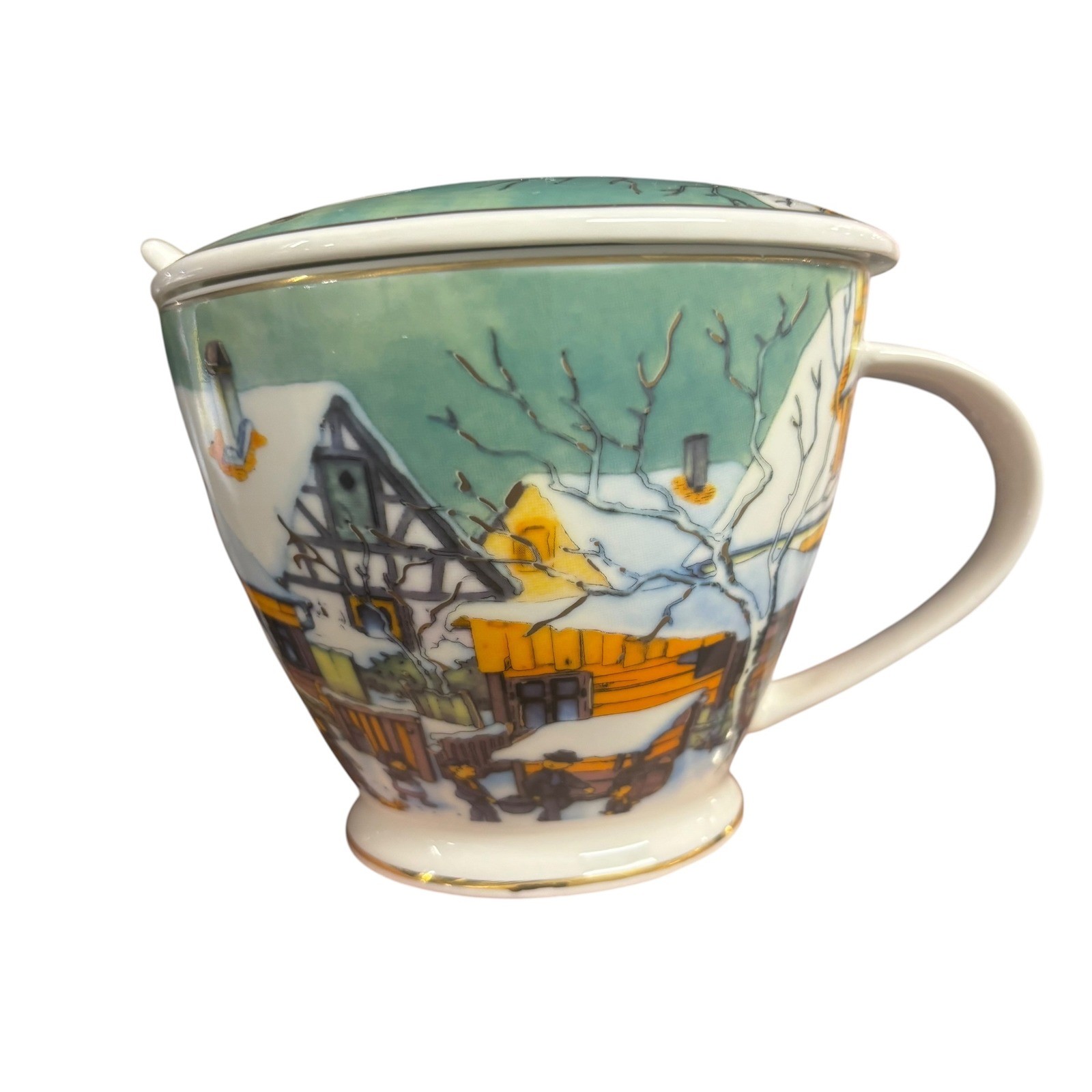 Grace Fine Ceramic Winter Village Tea Mug Set with Lid & Spoon Gold Trimmed