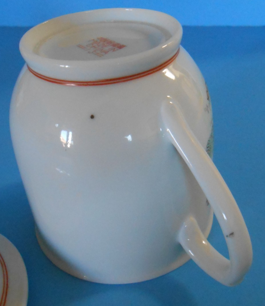 Vintage Hand Painted Porcelain Tea Mug Cup w/ Lid Chinese Scenery with Figure