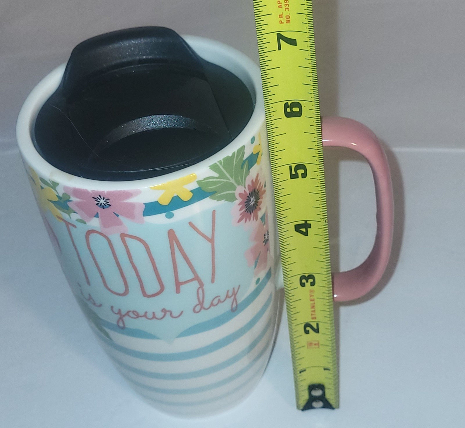 Today Is Your Day Ceramic Travel Mug. with Lid Pink Flowers Liquidation