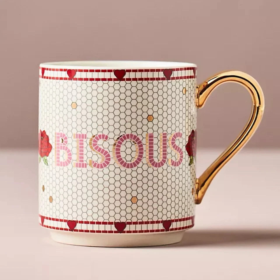 Anthropologie Bistro Tile Valentine’s Mug BISOU Stoneware Coffee Cup Rose Heart