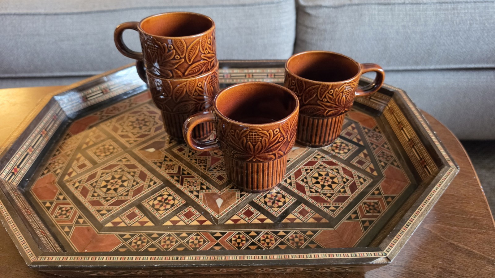 Set of 4 Brown Floral Embossed Ceramic Coffee Mugs Marked Japan