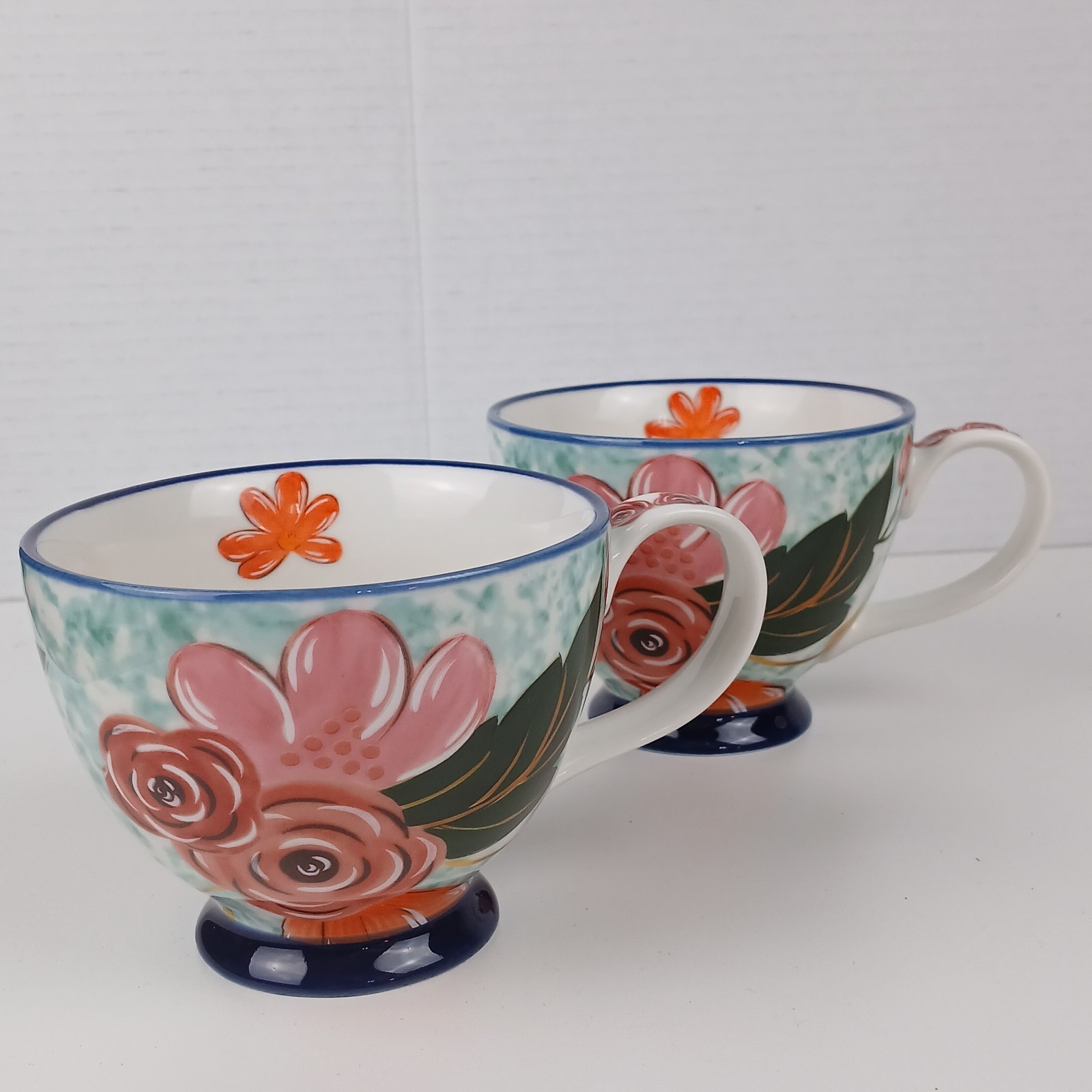 2 Potters Studio Coffee/Tea Cup Bell Shaped Pedestal Roses Floral Pink