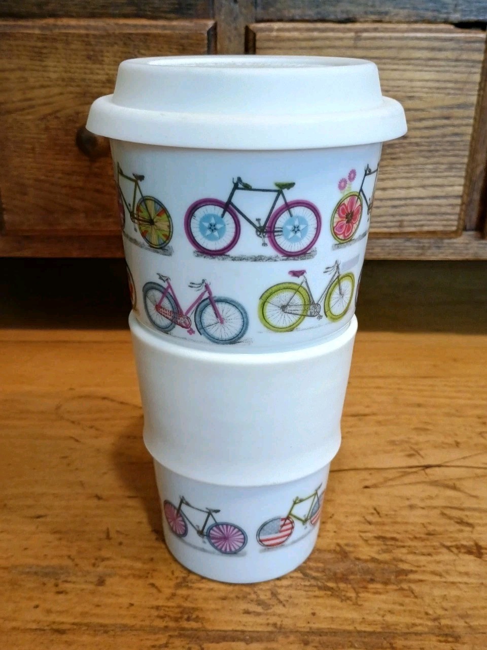 World Market Bicycle Ceramic Travel Mug with Grip and Lid – White