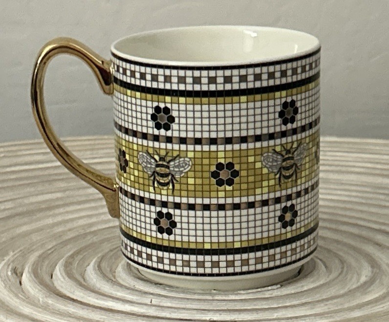 Anthropologie Bistro Tile Mug Garden Edition Bee Gold White Black Mosaic NEW NIB