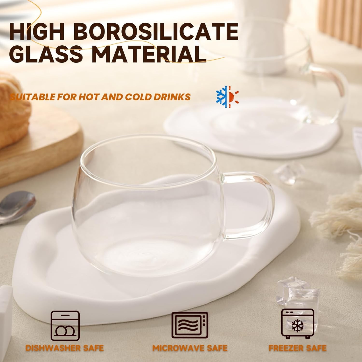 Glass Tea Cups Set of 2, Clear Borosilicate Glass Teacups with Handle for