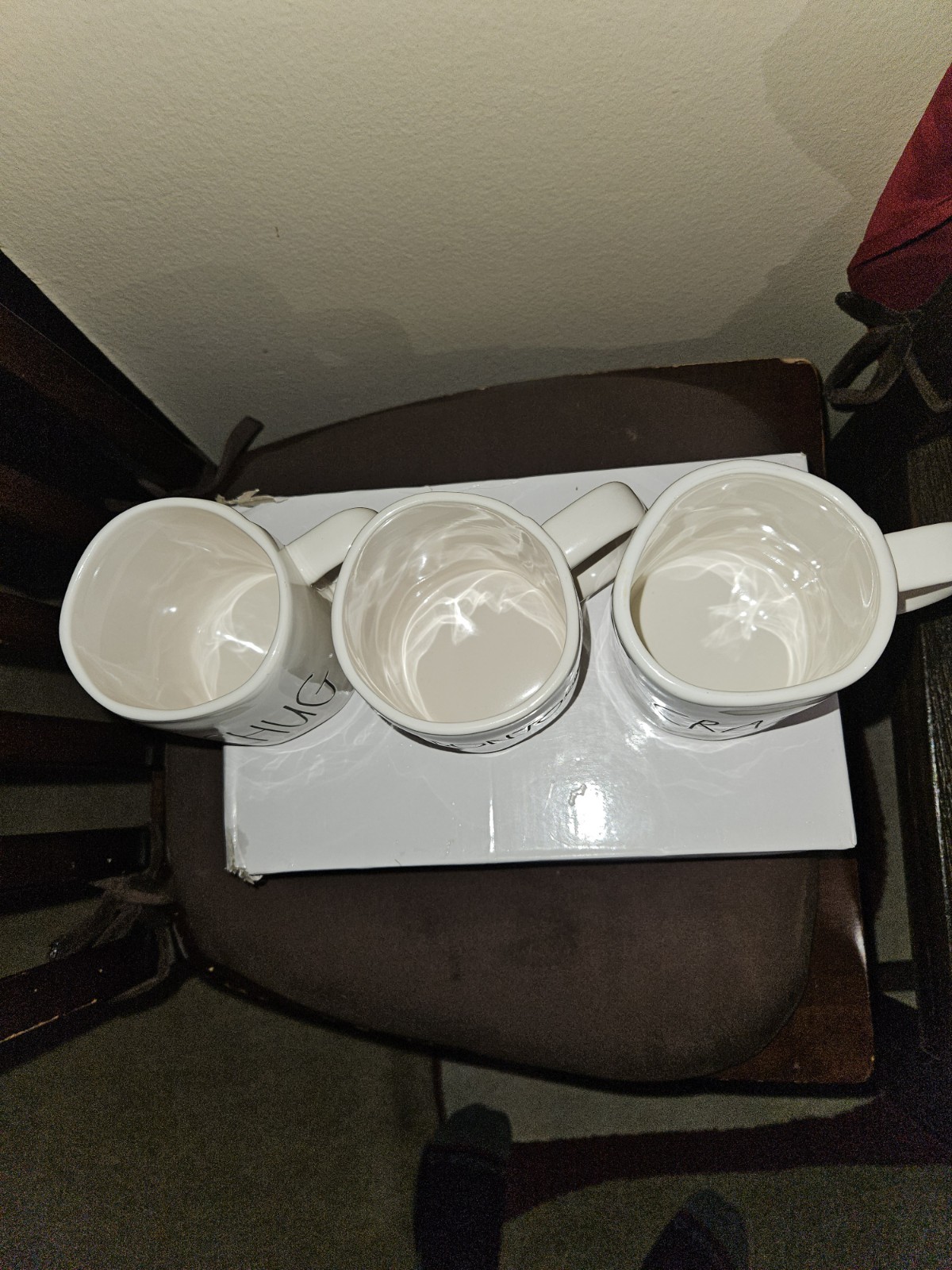Rae Dunn Three-Piece White Ceramic Coffee Mug Set CHUG BONJOUR CRAZY
