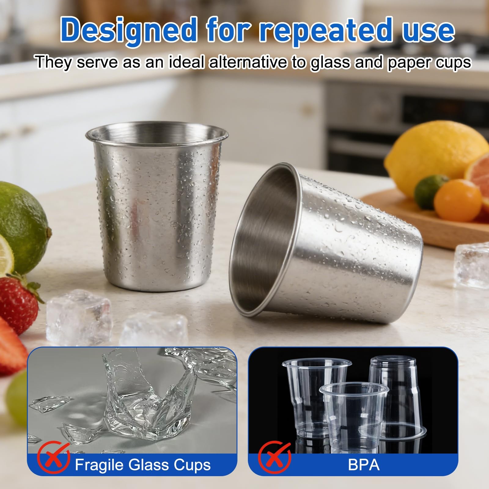 4 Pack Unbreakable Stainless Steel Cups 8oz Metal Drinking Cup for Camping Home