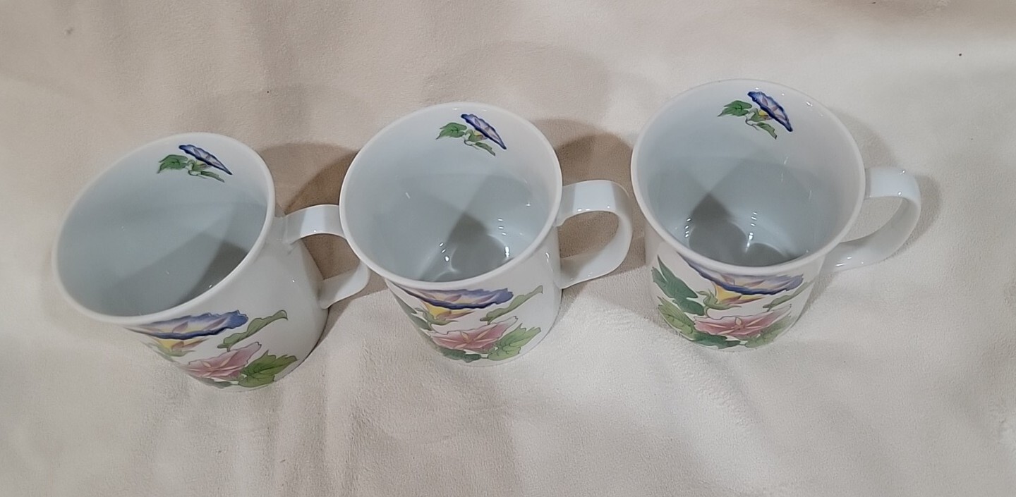 3 Morning Glory orig water color by EDA fine china cups C-Mann Pink/Blue Flowers