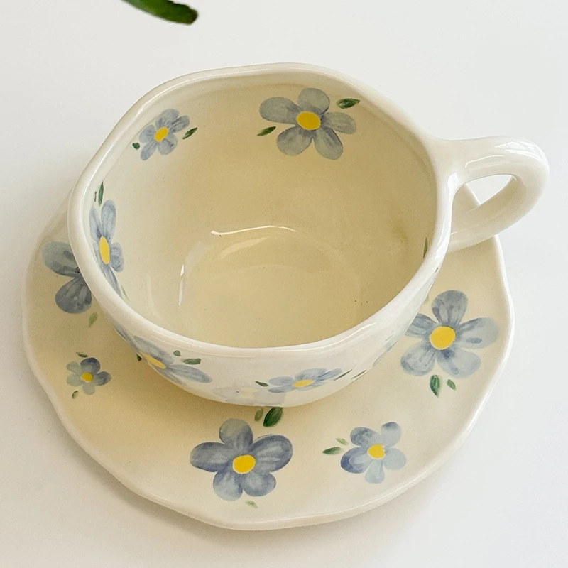 Korean Style Flower Pattern Ceramic Cup and Saucer Set Hand Pinched Irregular Co