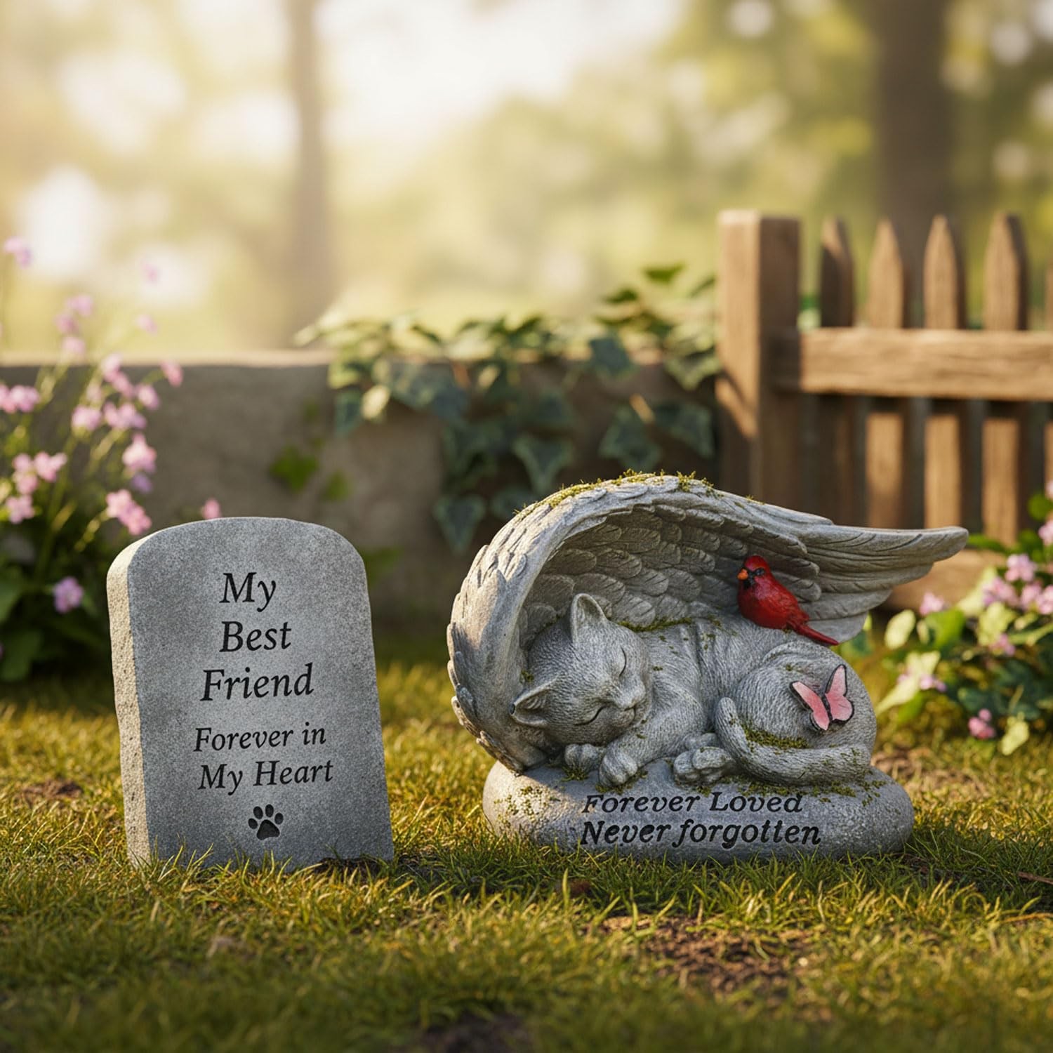 Cat Memorial Stones with Angel Wing Kitten Sculpture Sleeping 6 Inch, Pet Gra…