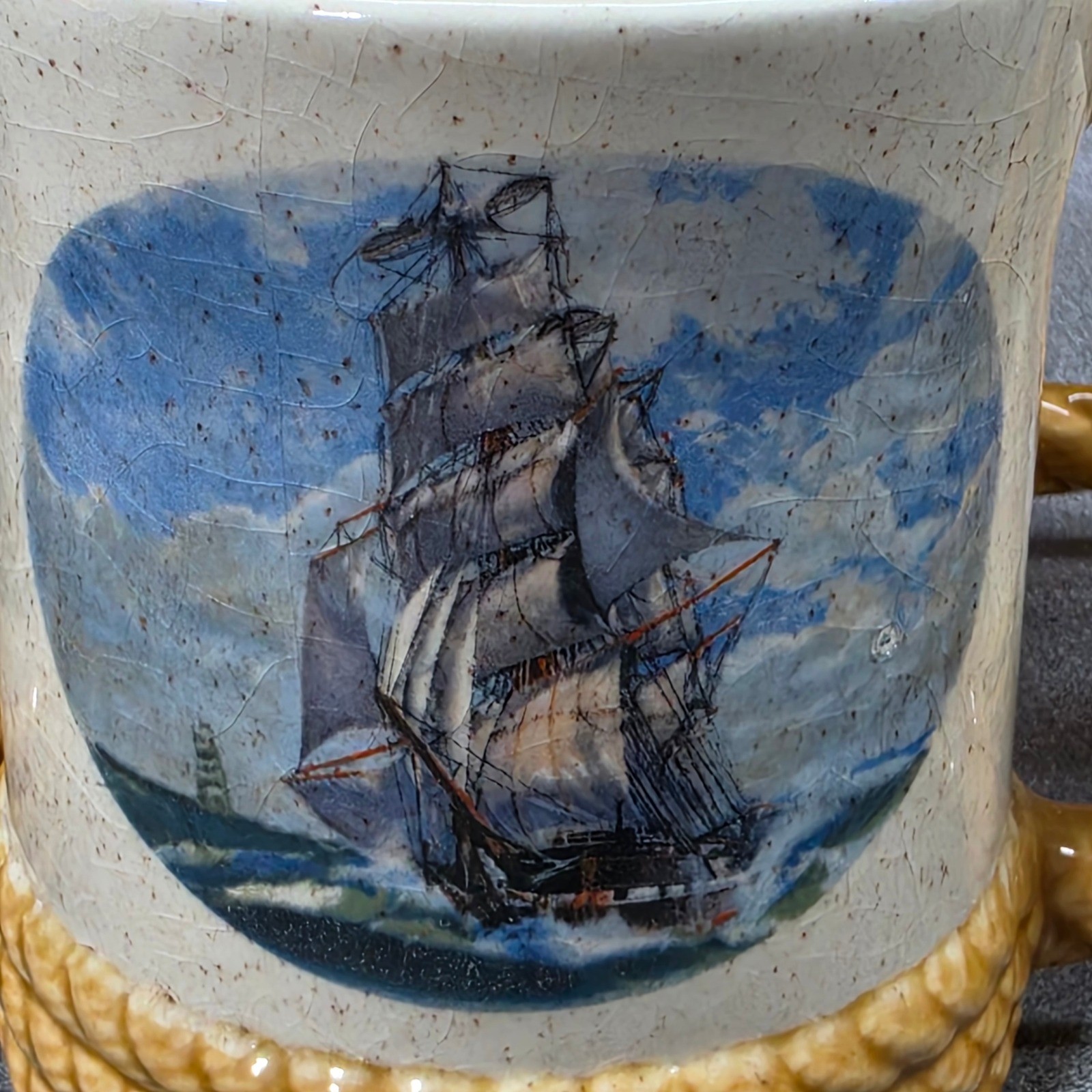 Nautical Ship Mugs Set of 4 Cream Tan Good Rope Handle Crazed Glaze