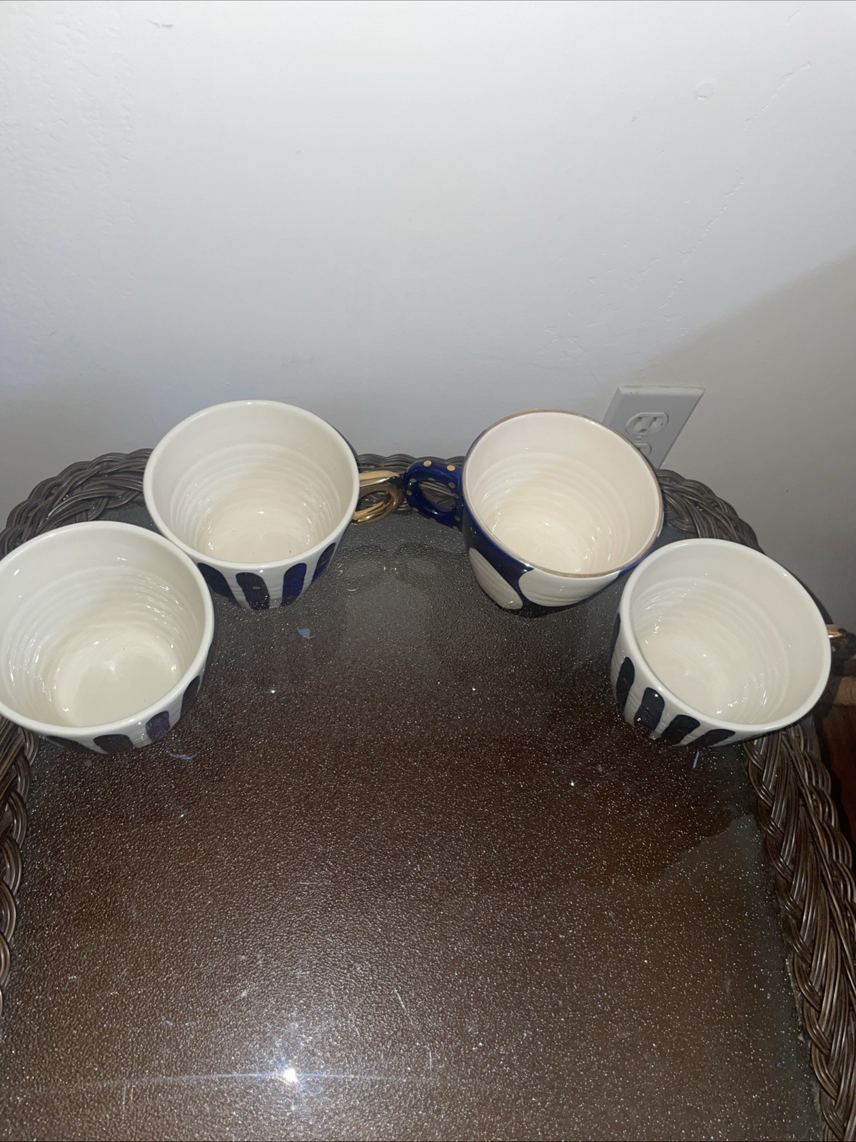 Anthropologie Bridget Bodenham Mug Set Blue Stripe Polka Dot Gold Boho Pottery
