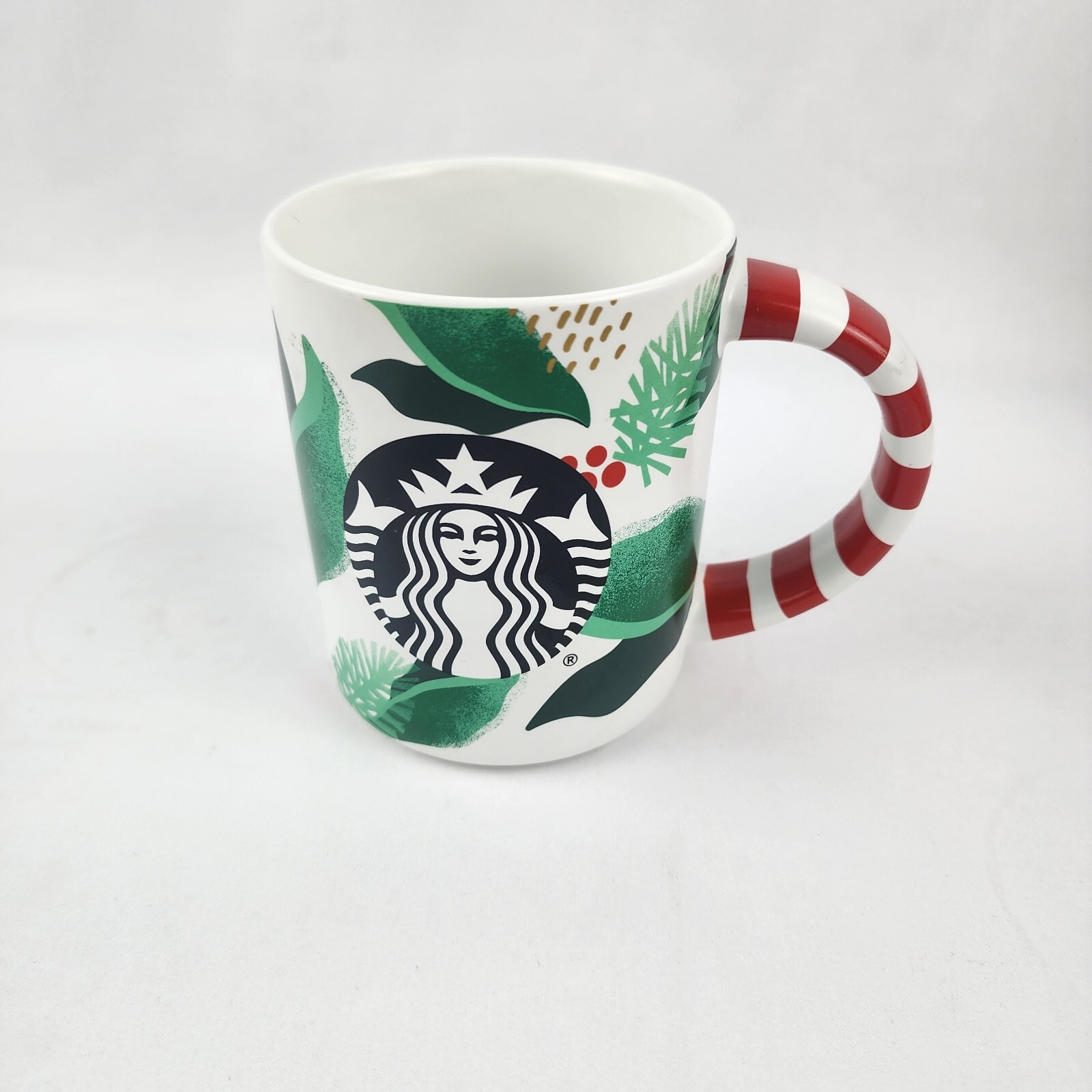 Starbucks Christmas Holiday Wreath Candy Cane Handle Coffee Tea Cup Mug 12 oz