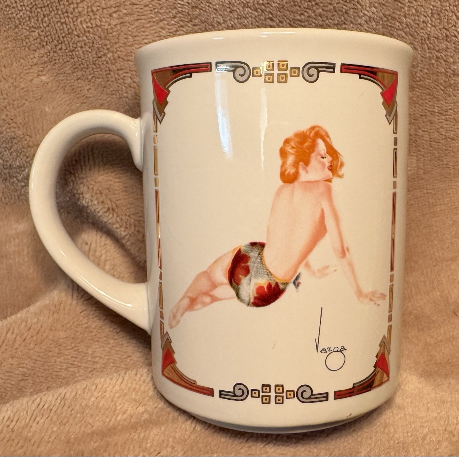 Vintage 80s 1987 Varga Coffee Cup Girl Art Deco Nouveau October 1944 Pin Up Glam