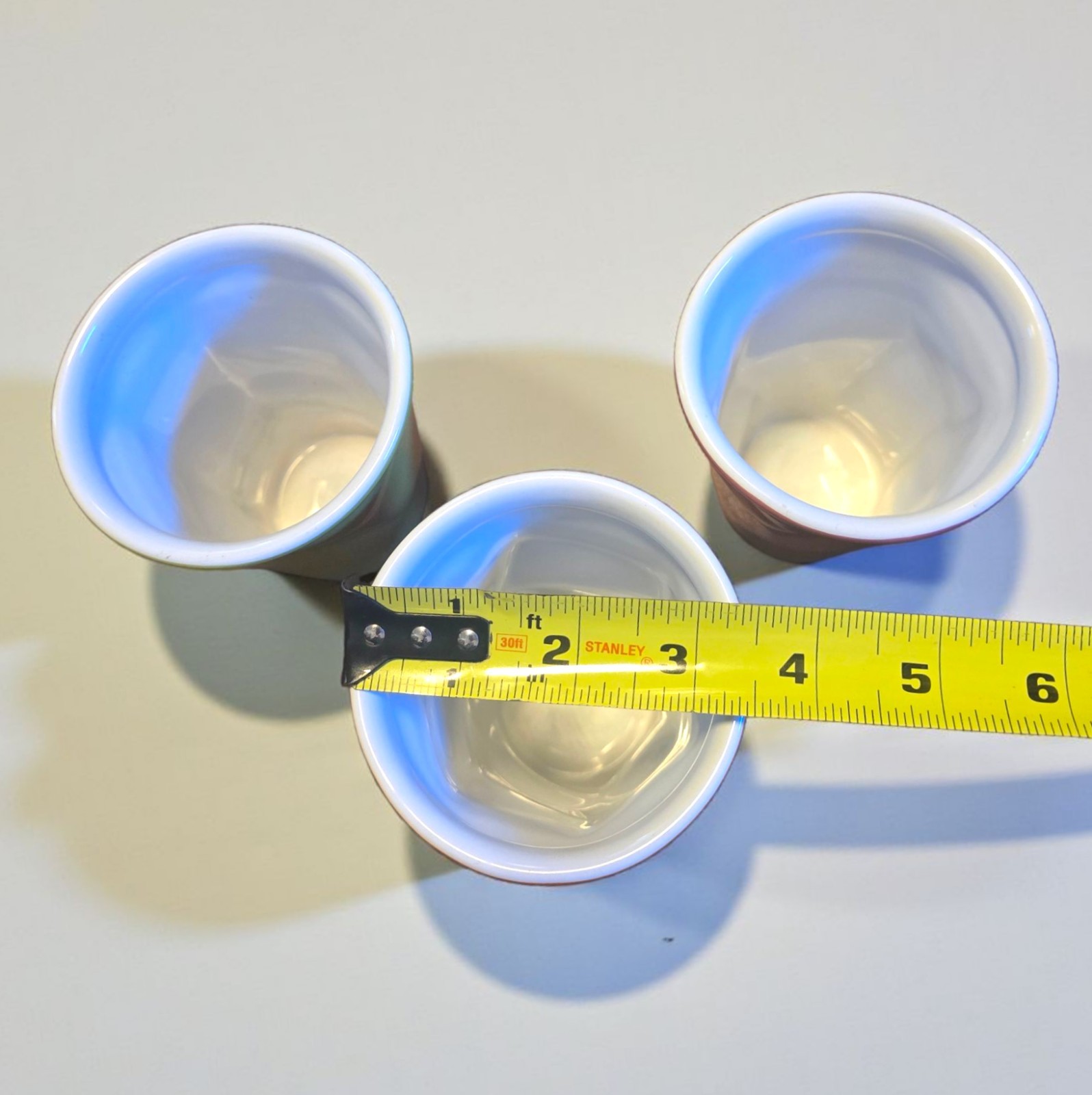 3 Porcelain Crumpled Crush 9 Oz Cup Mug Tumbler Set Green Orange Purple 4.5″