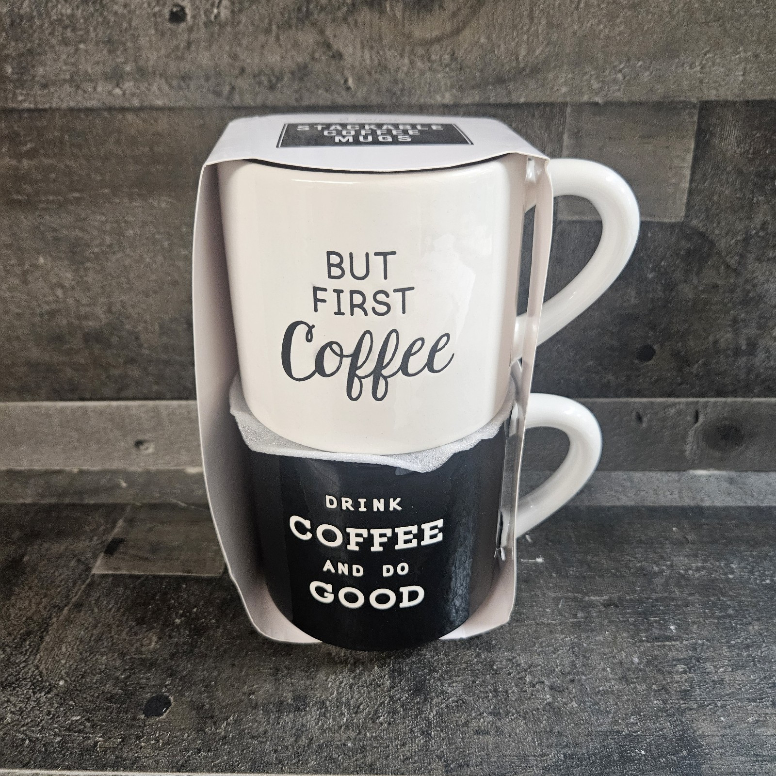 Stackable Coffee Mug 2 Pack ‘But First Coffee’ Black & White Earthenware