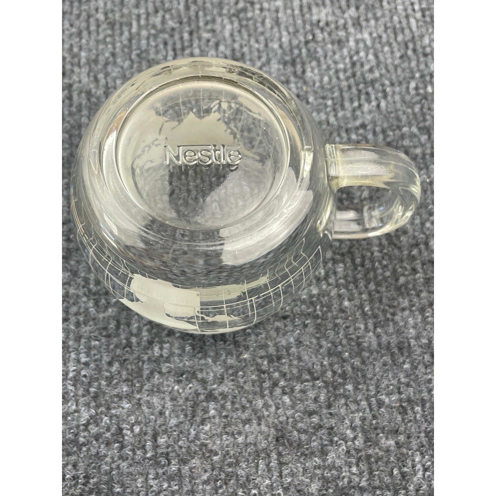 Vintage Nestle Clear Glass World Map Globe Etched Coffee Mug Cup Frosted Design