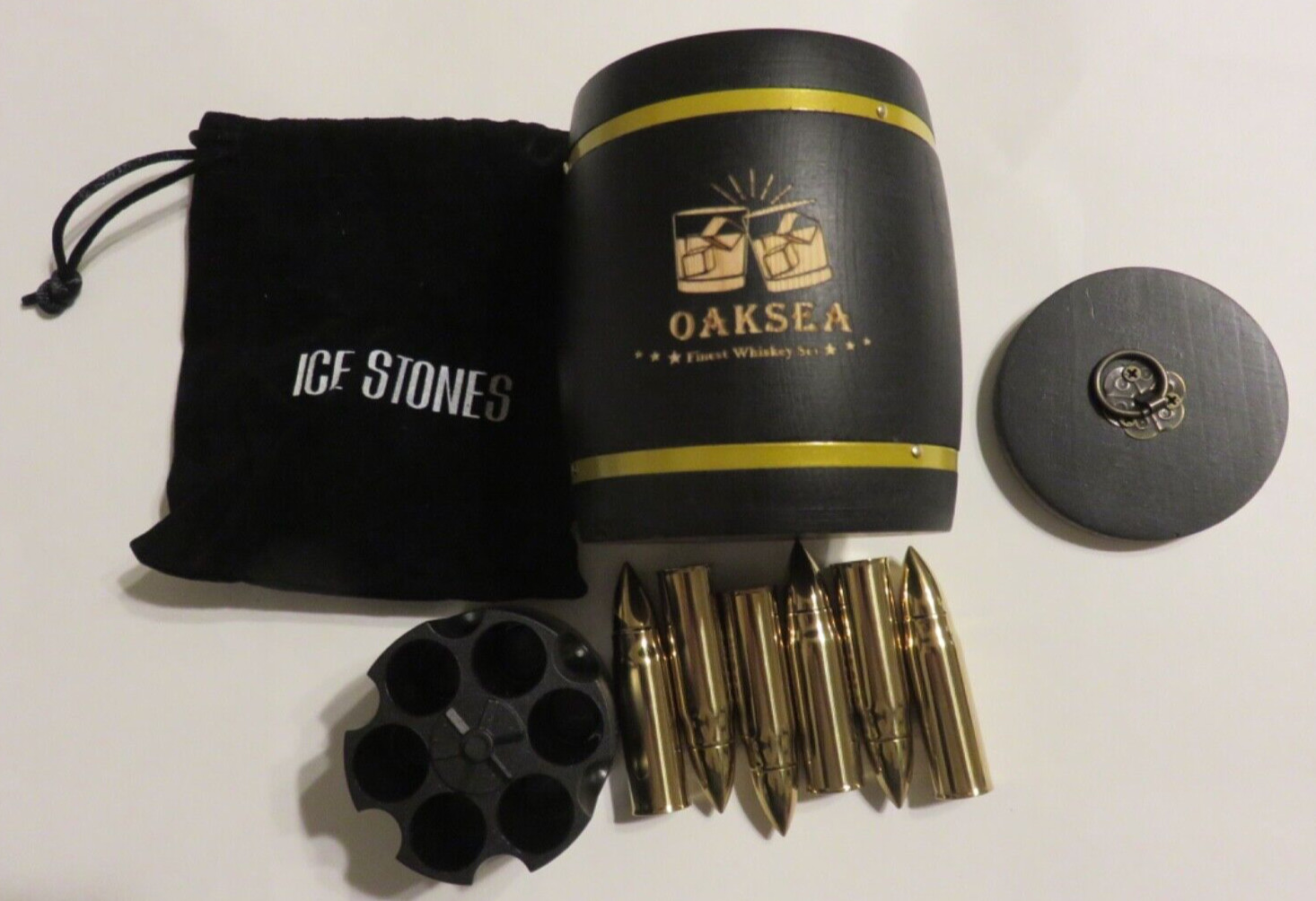 OAKSEA Whiskey Barrel with Whiskey Stones that are bullet shaped + Holder + Bag