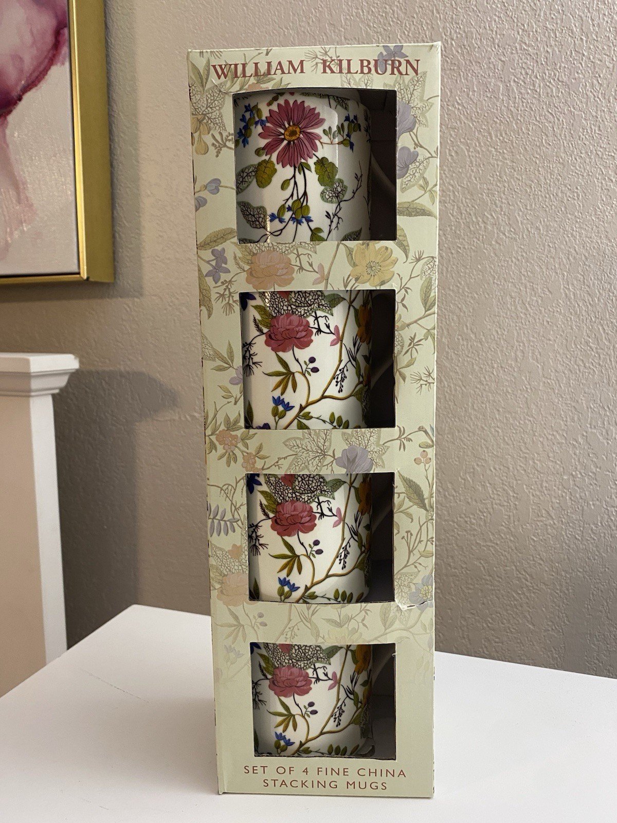 William Kilburn Fine China Stackable Floral Mugs Set of 4, 10 fl oz, Box