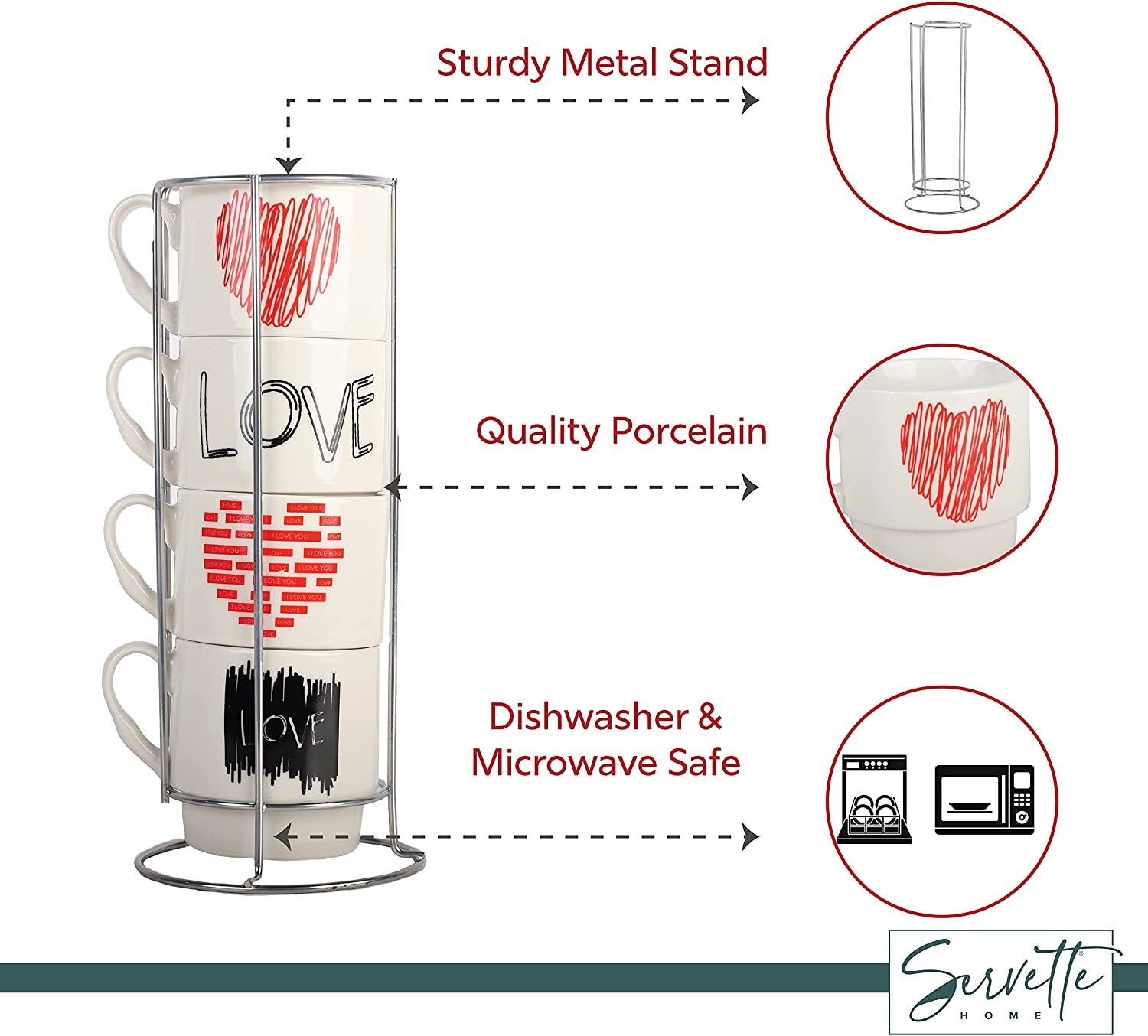 Stackable 11 oz Coffee Cups With Stand Love Designs – Set of 4