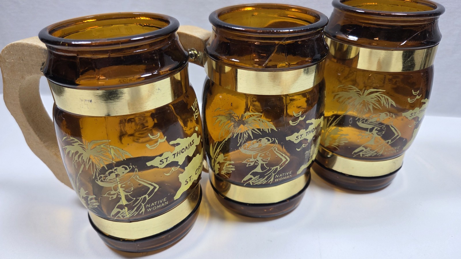 Vintage Amber Glass Set Of 3 Virgin Islands Beer Barrell Mug With Wooden Handle
