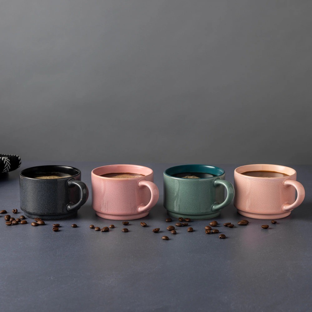 Stacking Stoneware Mugs Set of 4 Reactive Glaze 11.1 oz Coffee Cups