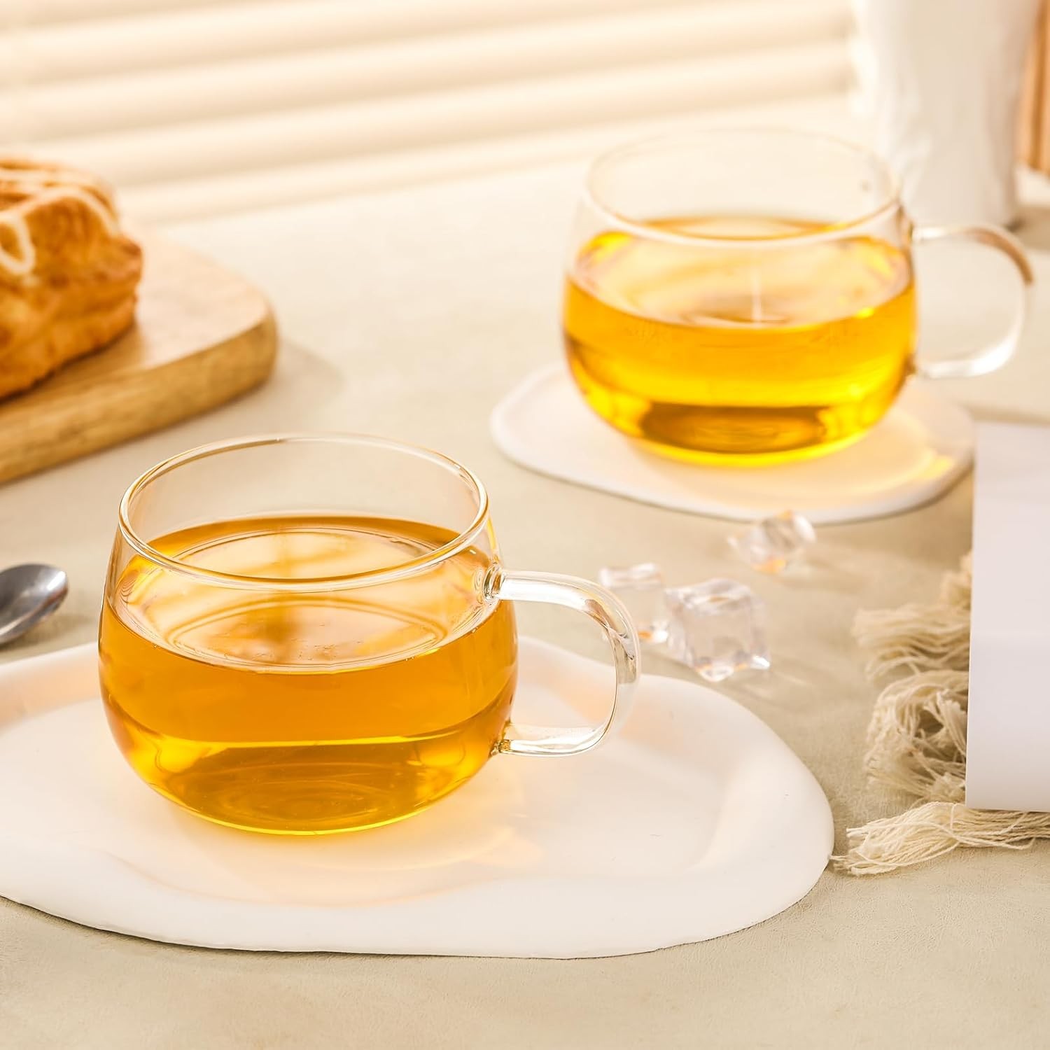 Glass Tea Cups Set of 2, Clear Borosilicate Glass Teacups with Handle for