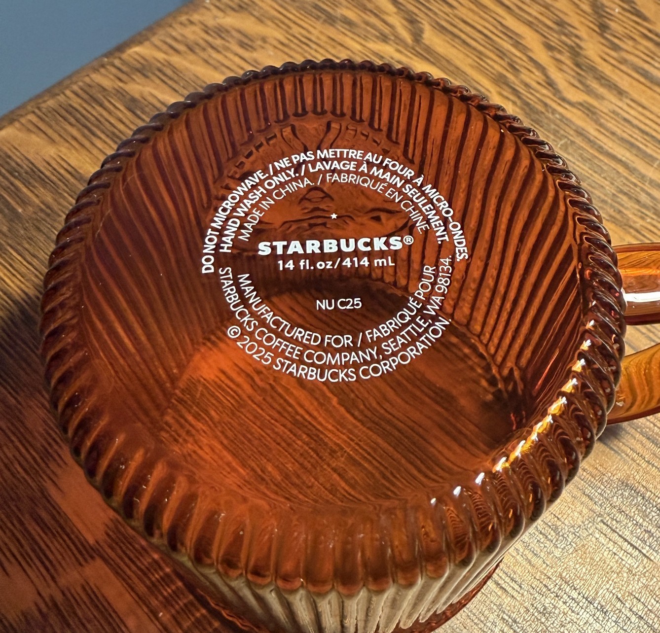 STARBUCKS 2025 HOLIDAY WINTER AMBER RIBBED GLASS 14 oz COFFEE TEA MUG CUP