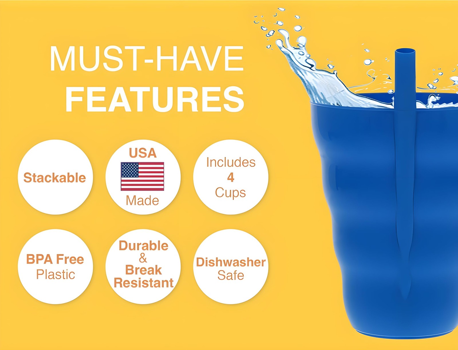 22oz Reusable Plastic Straw Cups, Set of 4 Stackable Tumblers