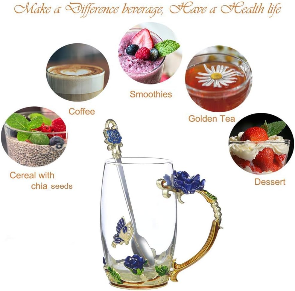Gifts for Mom Women Unique Blue Tea Mug With Spoon Set & Flower Decoration –