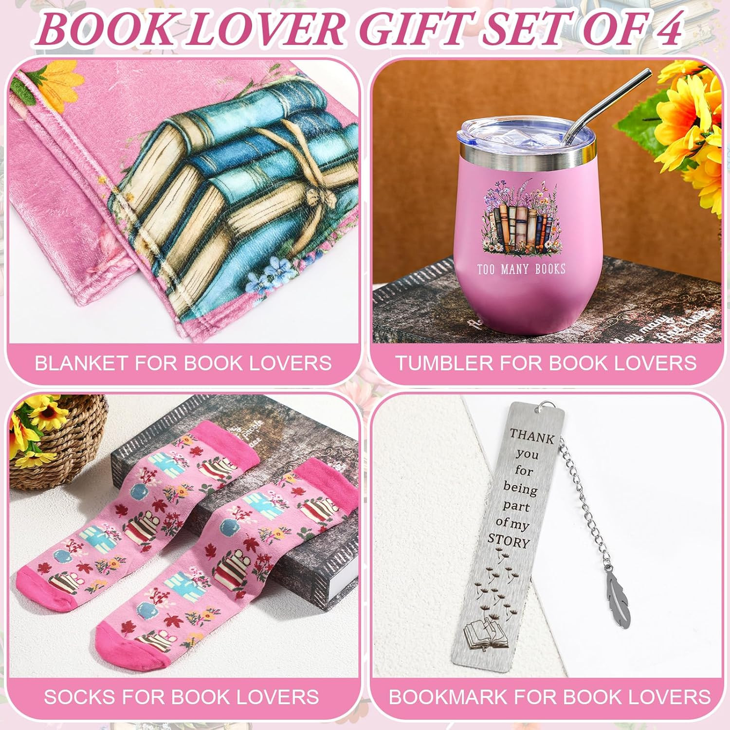 4 Pcs Book Lovers Gifts for Women Book Gift Include 60″ X 50” Reading Blanket 1