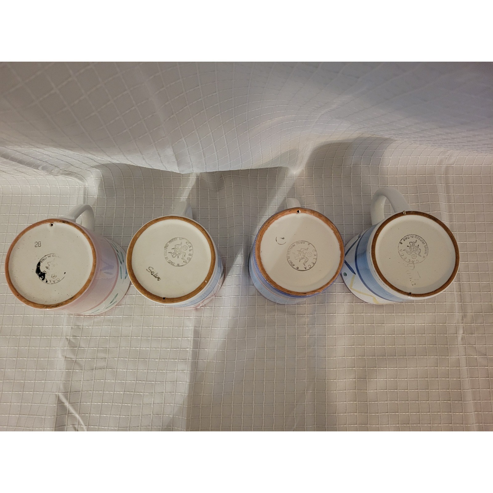 Set of 4 Hand Painted Italian Ceramic Mugs Pastel Geometric Floral Made in Italy