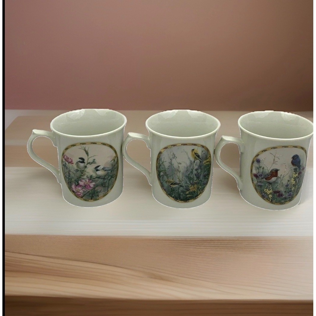 Lenox Nature’s Collage Mugs Catherine McClung Set of 3 Birds Flowers Ltd Edition
