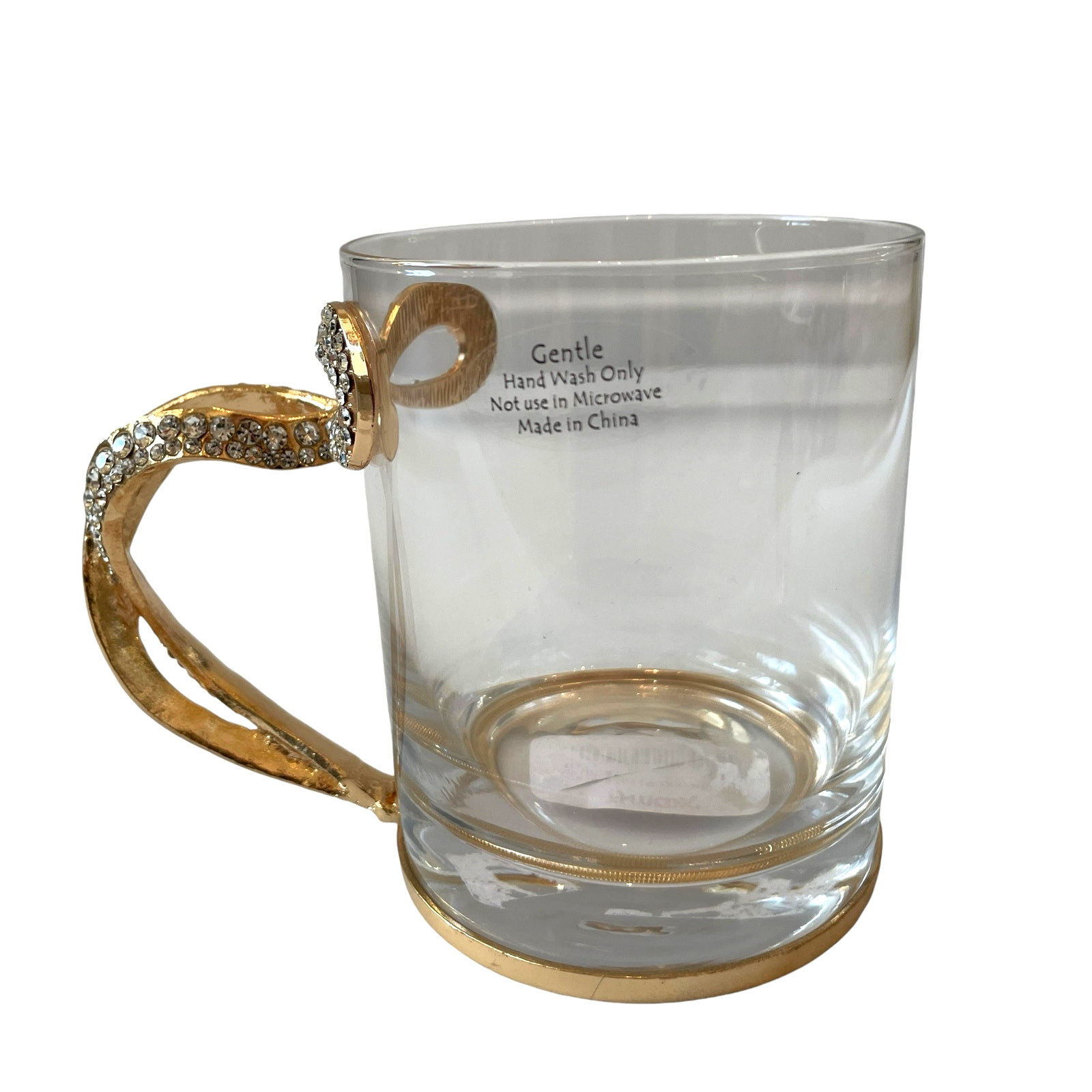 Gold & Rhinestone BOW Handle Glass Mug Coffee Tea Cup Set of 2 Glam Kitchen New