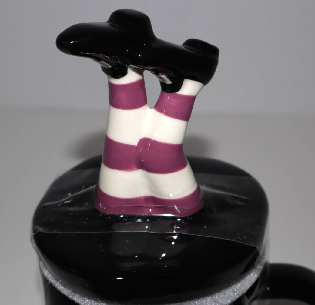 RAE DUNN Drink Up Witches Legs Topper Purple Halloween Black Coffee Mug NEW