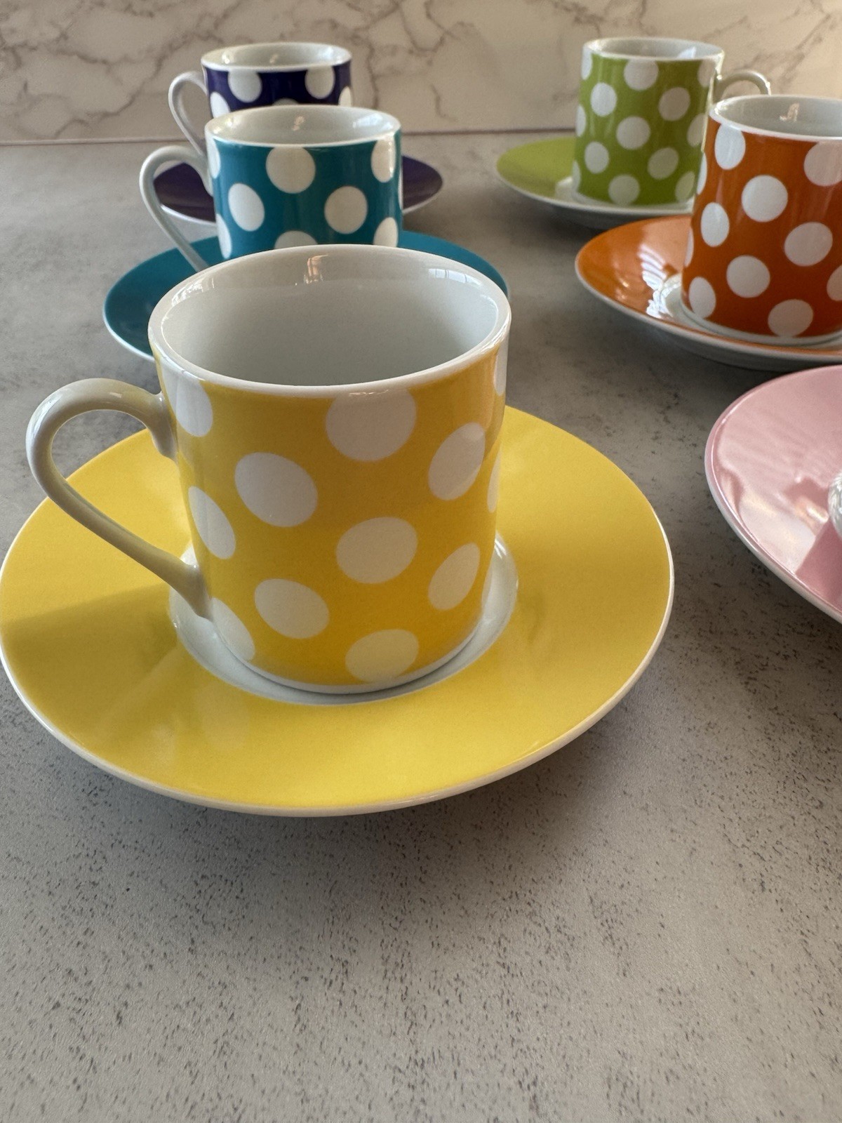Colorful Polka Dot Espresso Cups & Saucer Set of 6 | Retro Dots