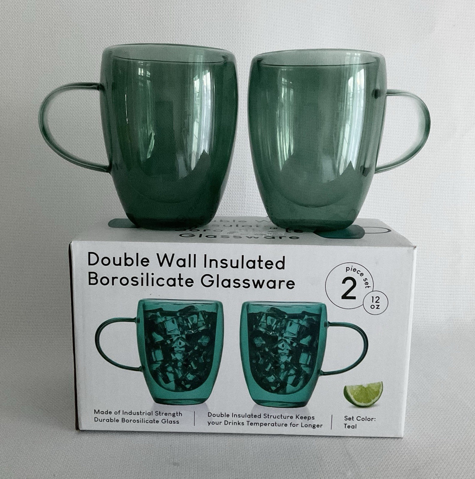 Double Wall Glass Cups Mugs Borosilicate 12Oz with Handle Set of 2 Teal READ
